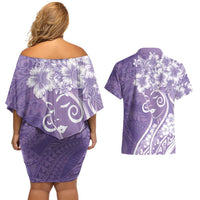 Polynesian Women's Day Couples Matching Off Shoulder Short Dress and Hawaiian Shirt Purple Hibiscus Flowers With Polynesian Pattern