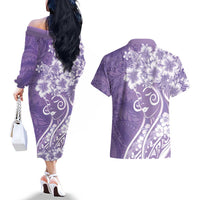 Polynesian Women's Day Couples Matching Off The Shoulder Long Sleeve Dress and Hawaiian Shirt Purple Hibiscus Flowers With Polynesian Pattern