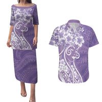 Polynesian Women's Day Couples Matching Puletasi and Hawaiian Shirt Purple Hibiscus Flowers With Polynesian Pattern LT05 Purple - Polynesian Pride