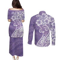 Polynesian Women's Day Couples Matching Puletasi and Long Sleeve Button Shirt Purple Hibiscus Flowers With Polynesian Pattern