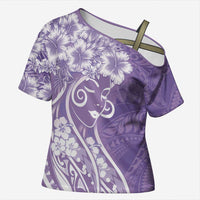 Polynesian Women's Day Cross Shoulder Shirt Purple Hibiscus Flowers With Polynesian Pattern