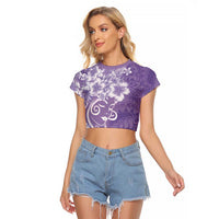 Polynesian Women's Day Raglan Cropped T Shirt Purple Hibiscus Flowers With Polynesian Pattern