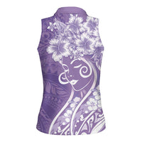 Polynesian Women's Day Women Sleeveless Polo Shirt Purple Hibiscus Flowers With Polynesian Pattern