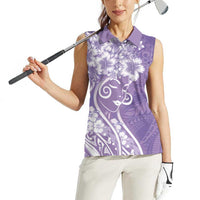 Polynesian Women's Day Women Sleeveless Polo Shirt Purple Hibiscus Flowers With Polynesian Pattern