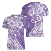 Polynesian Women's Day Women V-Neck T-Shirt Purple Hibiscus Flowers With Polynesian Pattern