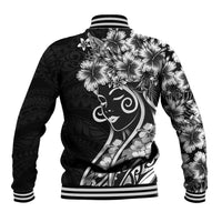 Polynesian Women's Day Baseball Jacket Black Hibiscus Flowers With Polynesian Pattern