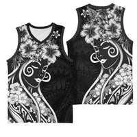 Polynesian Women's Day Basketball Jersey Black Hibiscus Flowers With Polynesian Pattern