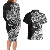 Polynesian Women's Day Couples Matching Long Sleeve Bodycon Dress and Hawaiian Shirt Black Hibiscus Flowers With Polynesian Pattern