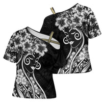Polynesian Women's Day Cross Shoulder Shirt Black Hibiscus Flowers With Polynesian Pattern