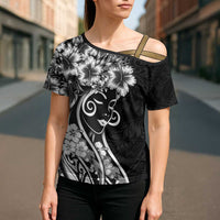Polynesian Women's Day Cross Shoulder Shirt Black Hibiscus Flowers With Polynesian Pattern