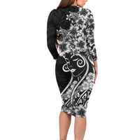 Polynesian Women's Day Family Matching Long Sleeve Bodycon Dress and Hawaiian Shirt Black Hibiscus Flowers With Polynesian Pattern LT05 - Polynesian Pride