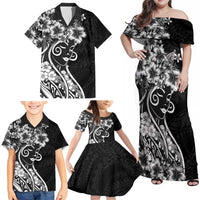 Polynesian Women's Day Family Matching Off Shoulder Maxi Dress and Hawaiian Shirt Black Hibiscus Flowers With Polynesian Pattern