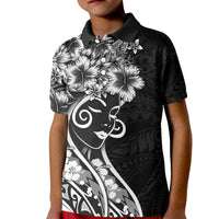 Polynesian Women's Day Kid Polo Shirt Black Hibiscus Flowers With Polynesian Pattern