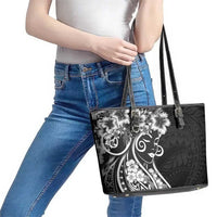 Polynesian Women's Day Leather Tote Bag Black Hibiscus Flowers With Polynesian Pattern