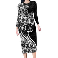 Polynesian Women's Day Long Sleeve Bodycon Dress Black Hibiscus Flowers With Polynesian Pattern