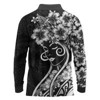 Polynesian Women's Day Long Sleeve Polo Shirt Black Hibiscus Flowers With Polynesian Pattern