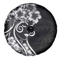 Polynesian Women's Day Spare Tire Cover Black Hibiscus Flowers With Polynesian Pattern