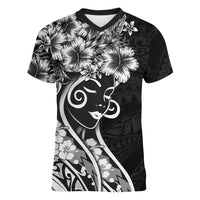 Polynesian Women's Day Women V-Neck T-Shirt Black Hibiscus Flowers With Polynesian Pattern
