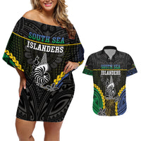 Personalised South Sea Islanders And New Caledonia Couples Matching Off Shoulder Short Dress and Hawaiian Shirt Kanakas Polynesian Pattern LT05 Black - Polynesian Pride