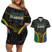 Personalised South Sea Islanders And New Ireland Couples Matching Off Shoulder Short Dress and Hawaiian Shirt Kanakas Polynesian Pattern LT05 Black - Polynesian Pride