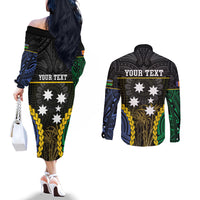 Personalised South Sea Islanders And New Ireland Couples Matching Off The Shoulder Long Sleeve Dress and Long Sleeve Button Shirt Kanakas Polynesian Pattern