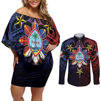 Philippines Guam Couples Matching Off Shoulder Short Dress and Long Sleeve Button Shirt Filipino Sun With Guaman Seal