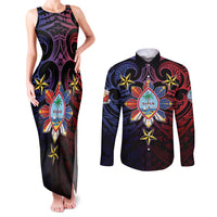 Philippines Guam Couples Matching Tank Maxi Dress and Long Sleeve Button Shirt Filipino Sun With Guaman Seal