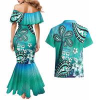Fiji Born Indian Couples Matching Mermaid Dress and Hawaiian Shirt Palm Paisley With Tapa Pattern