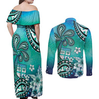 Fiji Born Indian Couples Matching Off Shoulder Maxi Dress and Long Sleeve Button Shirt Palm Paisley With Tapa Pattern