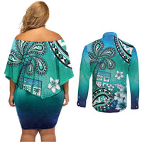 Fiji Born Indian Couples Matching Off Shoulder Short Dress and Long Sleeve Button Shirt Palm Paisley With Tapa Pattern