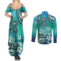 Fiji Born Indian Couples Matching Summer Maxi Dress and Long Sleeve Button Shirt Palm Paisley With Tapa Pattern