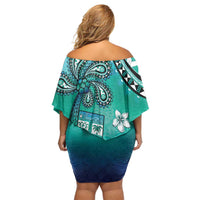 Fiji Born Indian Off Shoulder Short Dress Palm Paisley With Tapa Pattern