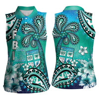 Fiji Born Indian Women Sleeveless Polo Shirt Palm Paisley With Tapa Pattern