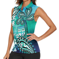 Fiji Born Indian Women Sleeveless Polo Shirt Palm Paisley With Tapa Pattern