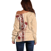 Tonga Language Week Off Shoulder Sweater Hibiscus Tongan Ngatu Pattern