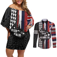 Hawaii 1959 Statehood Day Couples Matching Off Shoulder Short Dress and Long Sleeve Button Shirt Classic Style