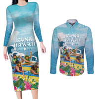 Hawaii Outrigger Canoe Race Couples Matching Long Sleeve Bodycon Dress and Long Sleeve Button Shirt Polynesian Style Watercolor Style