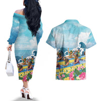 Hawaii Outrigger Canoe Race Couples Matching Off The Shoulder Long Sleeve Dress and Hawaiian Shirt Polynesian Style Watercolor Style