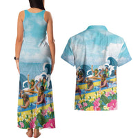 Hawaii Outrigger Canoe Race Couples Matching Tank Maxi Dress and Hawaiian Shirt Polynesian Style Watercolor Style