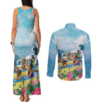 Hawaii Outrigger Canoe Race Couples Matching Tank Maxi Dress and Long Sleeve Button Shirt Polynesian Style Watercolor Style