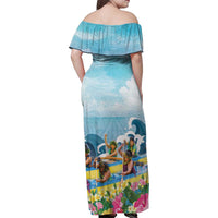Hawaii Outrigger Canoe Race Family Matching Off Shoulder Maxi Dress and Hawaiian Shirt Polynesian Style Watercolor Style