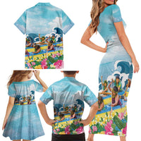 Hawaii Outrigger Canoe Race Family Matching Short Sleeve Bodycon Dress and Hawaiian Shirt Polynesian Style Watercolor Style