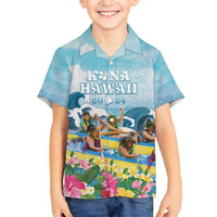 Hawaii Outrigger Canoe Race Family Matching Tank Maxi Dress and Hawaiian Shirt Polynesian Style Watercolor Style