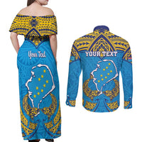 Personalised Tuvalu Independence Day Couples Matching Off Shoulder Maxi Dress and Long Sleeve Button Shirt Coat Of Arms With Polynesian Dolphin Tattoo