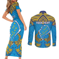 Personalised Tuvalu Independence Day Couples Matching Short Sleeve Bodycon Dress and Long Sleeve Button Shirt Coat Of Arms With Polynesian Dolphin Tattoo