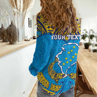 Personalised Tuvalu Independence Day Women Casual Shirt Coat Of Arms With Polynesian Dolphin Tattoo