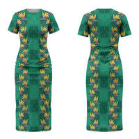 Hawaii Waikiki King Couples Matching Short Sleeve Bodycon Dress and Hawaiian Shirt Green Quilt With Pua Manu LT05 - Polynesian Pride