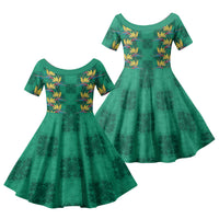 Hawaii Waikiki King Family Matching Short Sleeve Bodycon Dress and Hawaiian Shirt Green Quilt With Pua Manu LT05 Daughter's Dress Green - Polynesian Pride