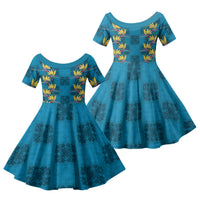 Hawaii Waikiki King Family Matching Off Shoulder Short Dress and Hawaiian Shirt Blue Quilt With Pua Manu LT05 Daughter's Dress Blue - Polynesian Pride