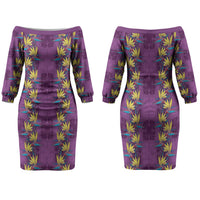 Hawaii Waikiki King Couples Matching Off The Shoulder Long Sleeve Dress and Hawaiian Shirt Purple Quilt With Pua Manu LT05 - Polynesian Pride